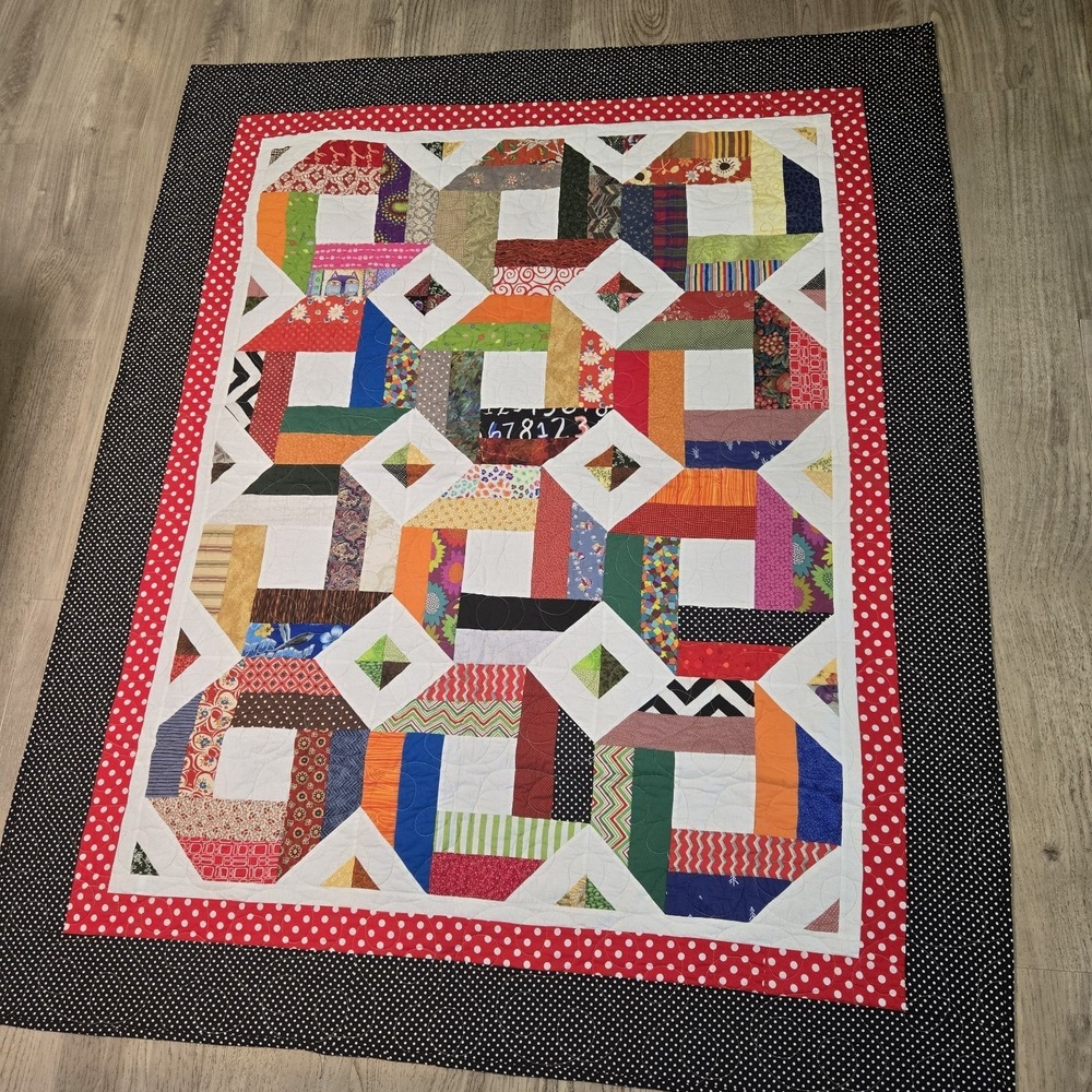 VTG Hand-quilted Scrap Quilt Colorful GrandmaCore CottageCore Double Side Geo